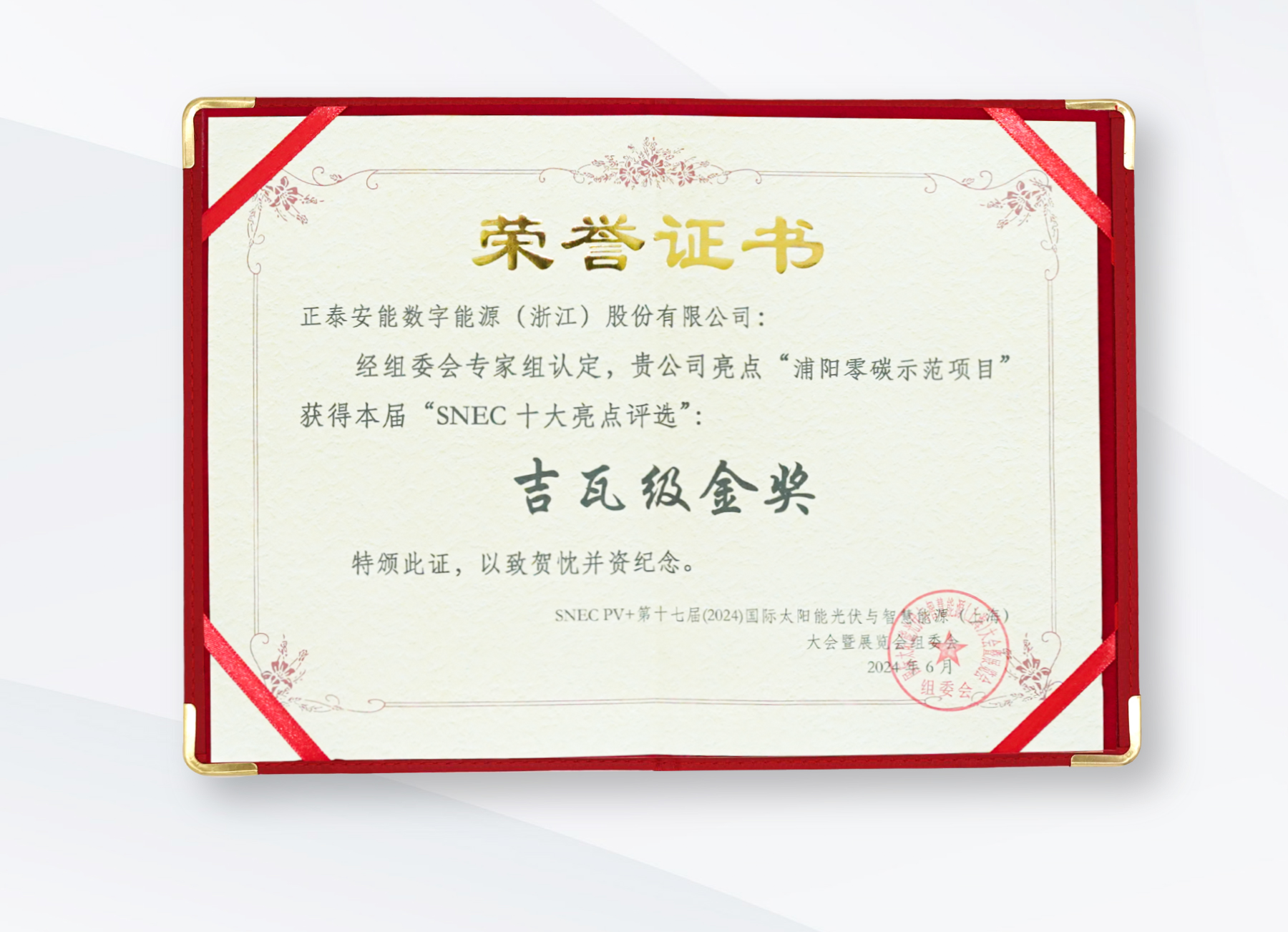 2024SNEC吉瓦級金獎(jiǎng)獎(jiǎng)狀